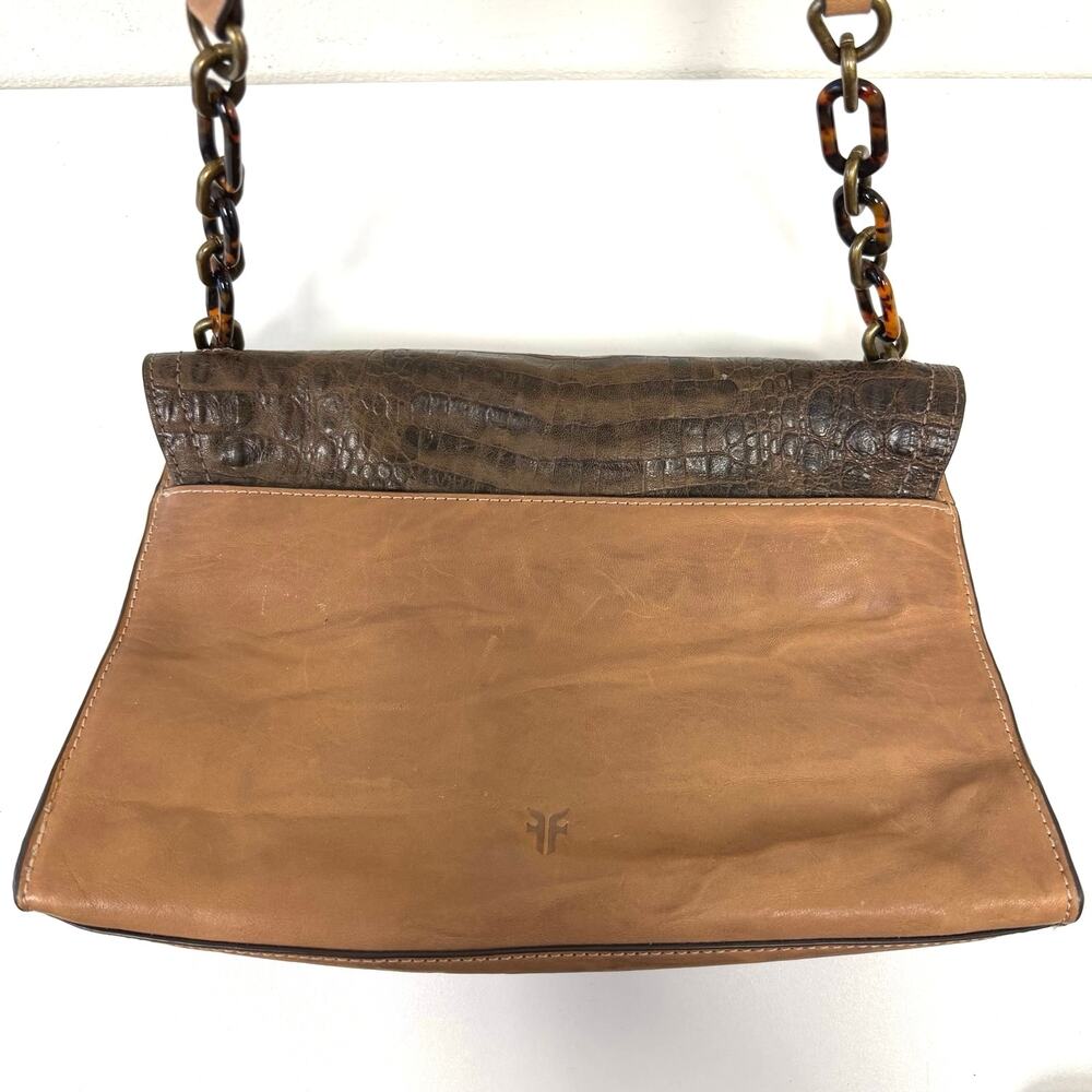 FRYE Ella Flap Leather Shoulder Bag Brown Croc Embossed Tortoise Chain Purse